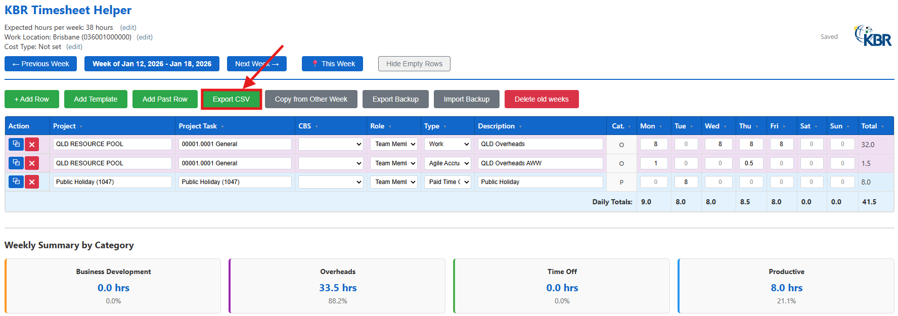 Export CSV button location