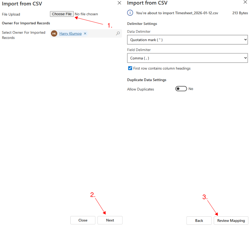 CSV file upload dialog